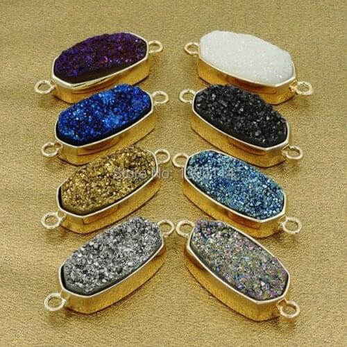 Titanium Colors Agat e Druzy Hexagon Connectors Druzy Glued On Copper Settings Of Plating Gold 33*13 mm