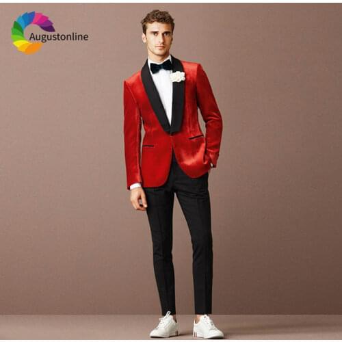 Wine Red Slim Fit Mens Suits for Wedding Groom Tuxedos 2019 Black Shawl Lapel Custom Made Male Blazers 2 Piece Jacket Pants Vest