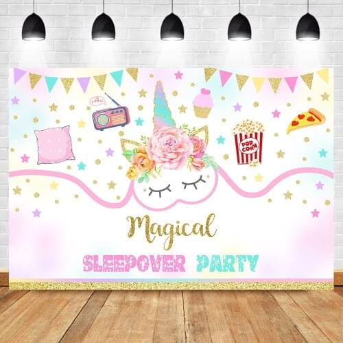 Magical Sleepover Party Backdrop Unicorn Flower Popcorn Girls Party Photo Background Photography Backdrops Studio Shoots