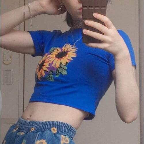 Y2K Streetwear Sunflower Print Short Sleeve T-shirts 2000s Fashion O-neck Graphic Blue Baby Tees Summer Cute Crop Tops Cotton