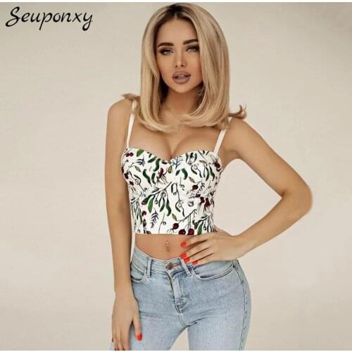 High Quality 2021 Summer Fashion Women Bodycon Leaf Print Short Top Sexy Sleeveless Spaghetti Strap Backless Party Camis