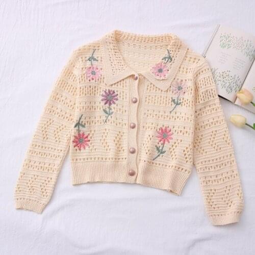 2021 spring and autumn fashion new wild hollow printed lapel single-breasted long-sleeved sweater cardigan women