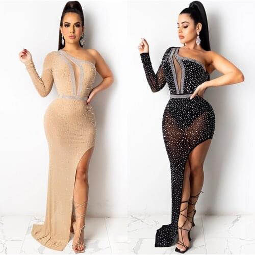 Nightclub Bar Sexy Off-Shoulder Rhinestone Mesh Irregular Long Dress Plus Size African Women Clothes Prom Party Dresses YS1499
