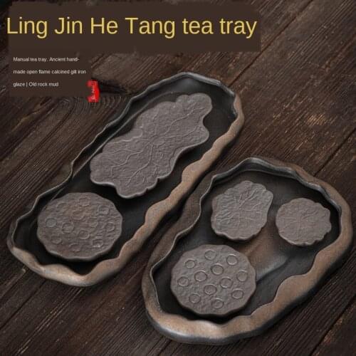 Gold Lotus Pond Tea Tray Japanese Style Coarse Pottery Pot Tray Water Storage Small Tea Table Ceramic Teapot Tray Tea Table