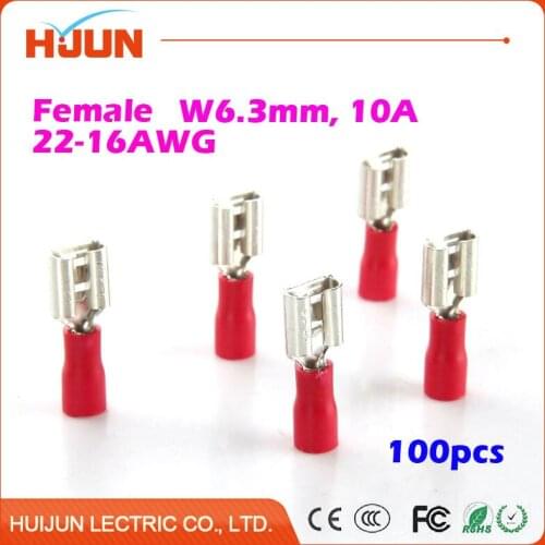 100pcs/lot 6.3 plug FDD 1.25-250 Red Female Quick Disconnect Cable Wire Splice Insulation Terminal Connector 0.5-1.5mm2 22-16AWG