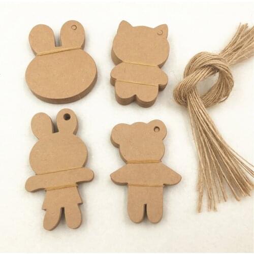 100Pcs/Lot Cute Bear Rabbit Shape Hang Tag Brown Multi Style Lovely Gift Garments Toy Packing Labels Tags+100Pcs Hemp Strings