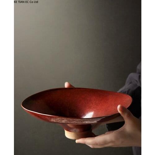 Japanese-style Ceramic High-foot Western Food Ramen Plate Handmade Stoneware Dinner Plate Creative Household Dessert Fruit Plate