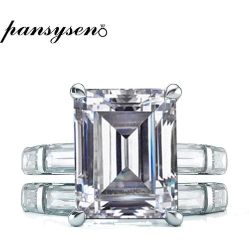 PANSYSEN 2Pcs Wedding Ring Set Classic Jewelry Emerald Cut Citrine Ruby Gemstone 925 Sterling Silver Engagement Rings for Women