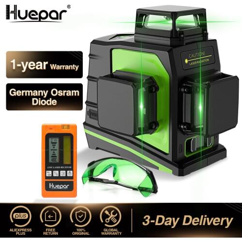 Huepar 12 Lines 3D Green Cross Line Laser Level Self-Leveling 360 Degree Vertical & Horizontal Glasses Receiver USB Charging