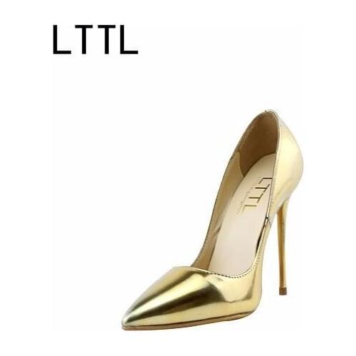 Hot selling gold leather high heel shoes sexy pointed toe stiletto heels spring newest single shoes for woman silver