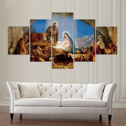 Modular Canvas Poster Home Decor Pictures 5 Piece/Pcs Birth Of Christian Jesus Framed Wall Art Painting HD Printed Living Room