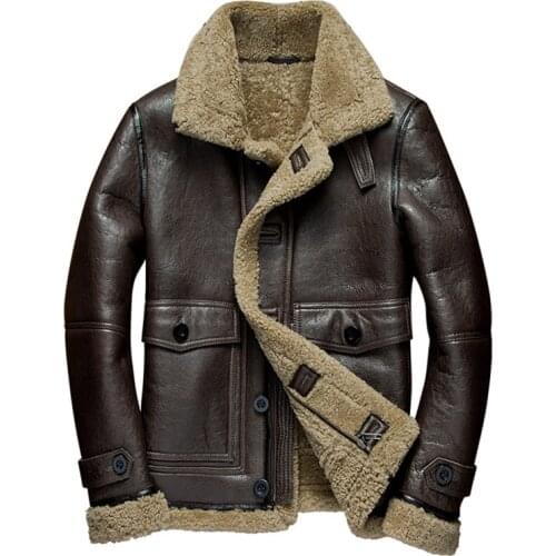Denny&Dora Mens Shearling Coat Sheepskin Jacket B3 Aviation Jacket Dark Brown mens leather shearling coat