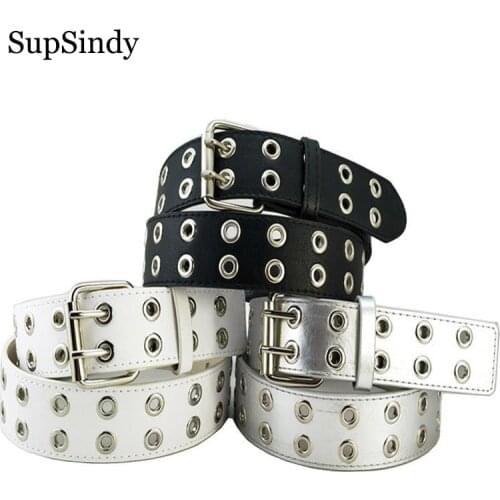 SupSindy Men&Women leather belt metal double Pin buckle PU leather waistband Punk Rock Motorcycle Hip Hop jeans belts male strap
