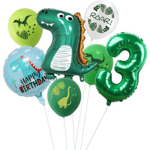 7pcs Dinosaur Balloons Set For Jungle Animal Party Decorations Kids 1st Birthday Green Number Foil Balloon