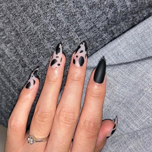 24pcs stiletto false press on nails matte Black color Leopard Wear Finished product wearable full cover acrylic artificial nail