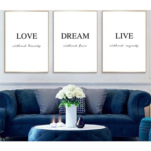 Love Dream Live Quotes Wall Art Poster And Print Black White Motivational Sentence Canvas Painting Minimalist Picture Home Decor