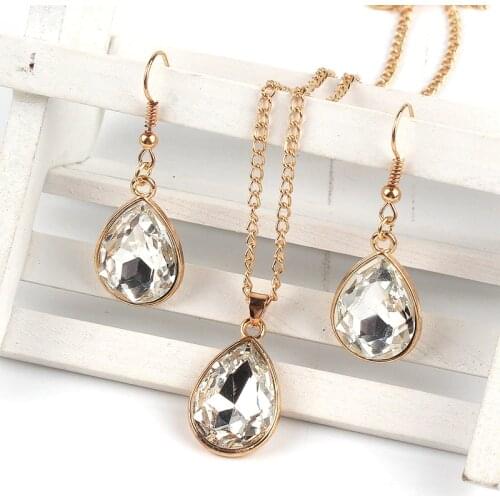 1 set Rose Gold Water drop Pendant Necklace & earrings Fashion Jewelry white
