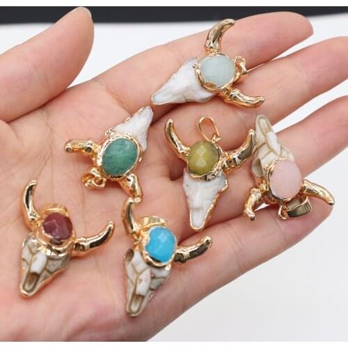 1pcs Natural Stone Bull Head Bone Plus Egg Shape Faceted Charm Pendant for Necklace Bracelet Jewelry Making Gift Size 26x30mm