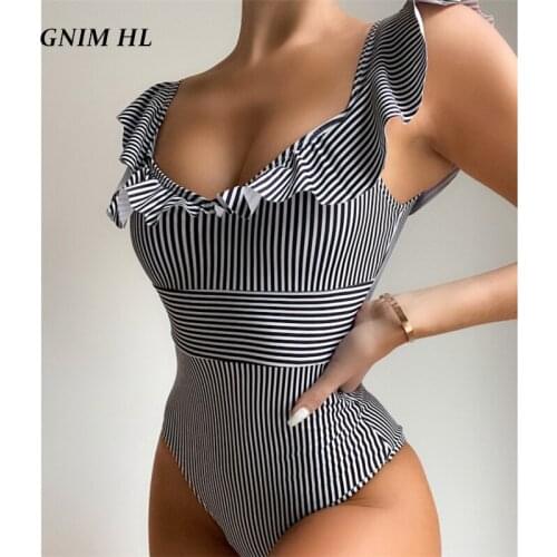 GNIM High Waist Sexy Striped Bikini Set 2021 Ruffle Swimwear Women Push Up One-Piece Swimsuit Beachwear High Cut Bathing Suit