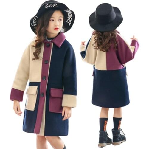 Girls Woolen Coat Jacket Autumn and Winter 2019 New Korean Version of The Big Girl Long Section Plus Velvet Thicken Woolen Coats