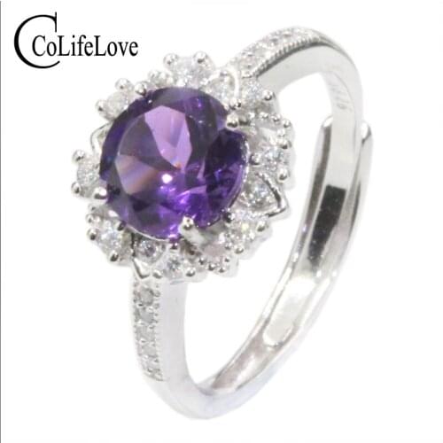 CoLife Jewelry 925 Silver Amethyst Ring for Daily Wear 7mm Natural Amethyst Fashion Amethyst Jewelry
