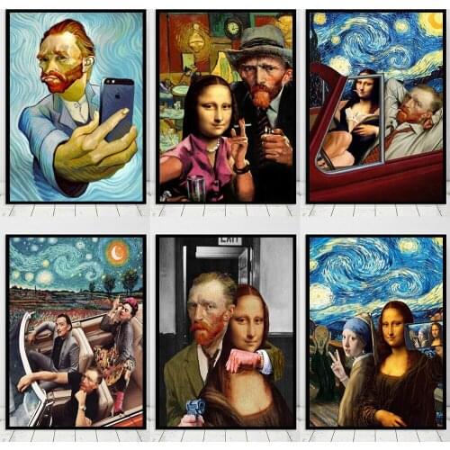 Funny Abstract Canvas Paintings by Van Gogh Mona Lisa Posters and Prints Wall Print Murals Home Decoration Cuadros
