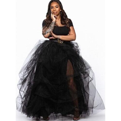 High Quality Black Puffy A-line Long Tulle Skirts Women Sexy High Side Split Tulle Skirt Elastic Plus Size Saias Custom Made
