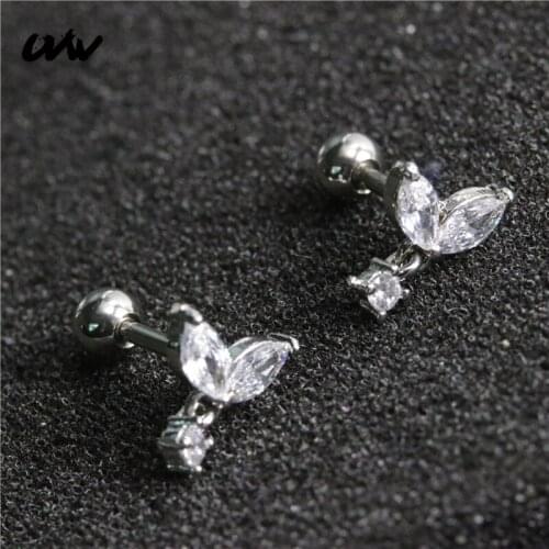 UVW352 2pc 316L Lovely Tiny Flower Dangle Helix Tragus Piercing Earrings for Women Crystal Stud Earrings Pendientes Brincos Gift