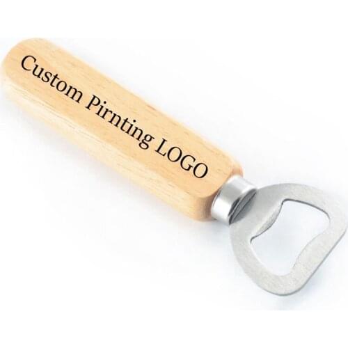 50PCS Solid Metal Beer Openers with Strong Wood Handle Printing LOGO Customized Wedding Favors