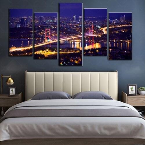 5 pieces Canvas Posters Aesthetic Beautiful Panorama Of Bosphorus Bridge Istanbul Turkey Night View Landscape Home Decor Picture