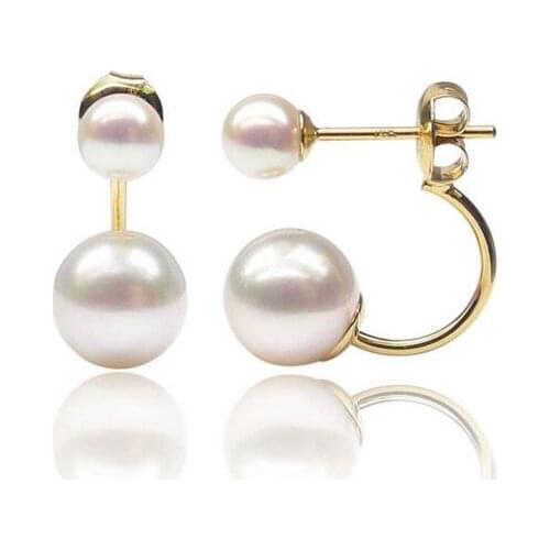 Free shipping>>>>noble jewelry Elegant 5-8.5MM White Real Akoya Double Pearl Butterfly Earrings 14K Yellow Gold