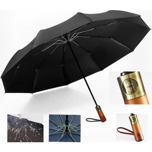 Big 10K Wooden Windproof Womens Men Automatic Umbrella Female Male Three Folding Umbrella Large Rain Sun Business Gift Parasol
