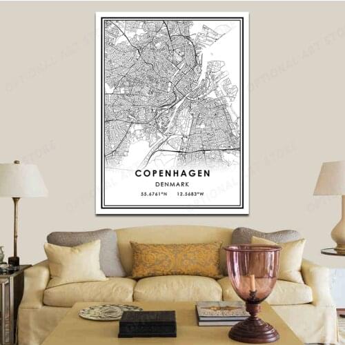 Black White COPENHAGEN Map Canvas Wall Art Print Modern Poster Wall Pictures Living Room Decor
