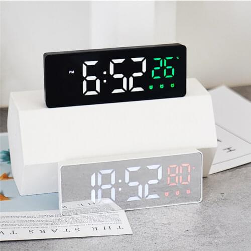 3 Color Digital Alarm Clock Mirror LED Thermometer Wall Clock Alarm Voice Control Snooze Function Temperature Date Display Clock
