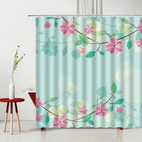 Spring Green Leaf Pink Flower Pattern Bathroom Curtain Waterproof Polyester Fabric Home Bathtub Decor Shower Curtain With Hooks