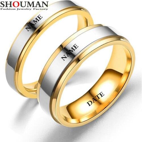 SHOUMAN Couple Jewelry Stainless Steel Wedding Band Ring for Woman Man Can Custom Engrave Name Never Fade