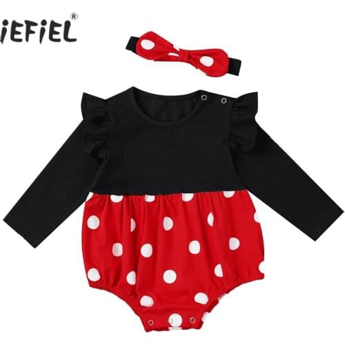 Newborn Baby Girls Romper Princess Long Sleeves Ruffled Polka Dots Romper Clothes with Headband Sets Birthday Party Costume