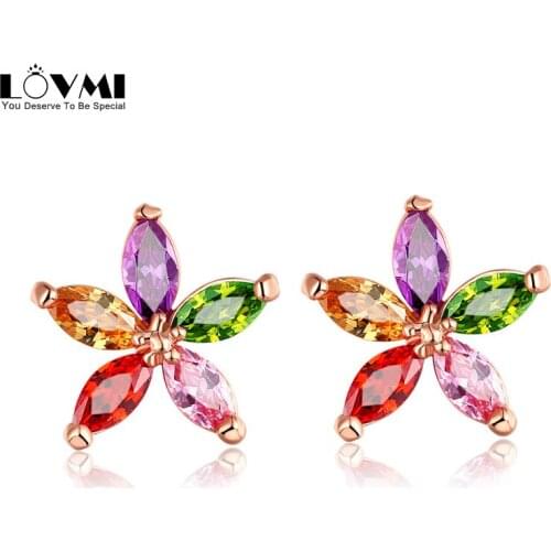 Lovmi 925 Silver Earring For Stud Girls Women With Colorful Crystal Flower Fashion Korea Gold Jewelry Earrings For Birthday Gift
