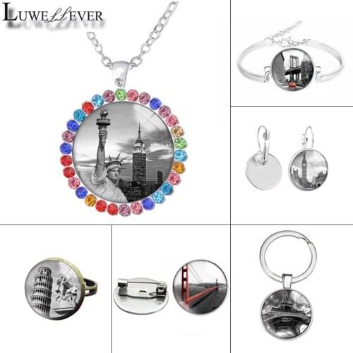 New 588 Modern City Glass Necklace Bracelet 25mm Double Sided Round Glass Cabochon Jewelry For Unisex Charm Pendant