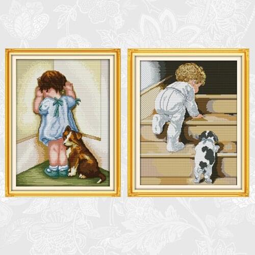 Lovely baby and dog Cross Stitch Patterns 11CT Printed Cloth 14CT Counted Canvas Cross-stitch Embroidery Needlework Crafts