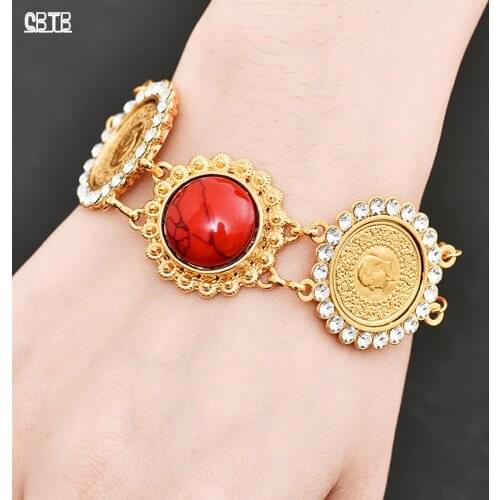 Fashion Classic Coin Luxury Ladies Crystal Charm Bracelet Muslim Coin Gold Bracelet Middle East Arabian Jewelry Accessories Gift