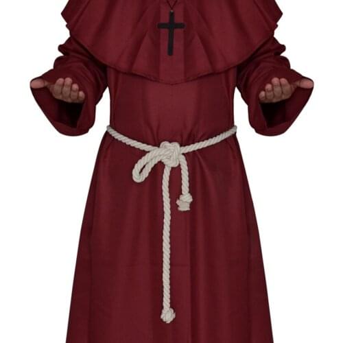Men Priest Hood Cowl Cape Christian Cloak Halloween Outfit Shawl Medieval Monk Clergy Plauge Doctor Costume Gown Robe for Adult