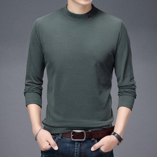 2021 autumn winter new mens mock neck embroidery fashion solid color thickened fleece pullover Male slim warm bottoming shirt