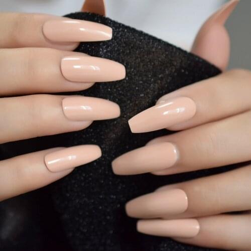 Nude Orange Long False Nail Coffin Shiny Full Nail Art Tips Pure Color Easy DIY Salon Artificial Nail
