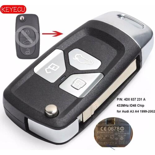 Keyecu Upgraded Flip Remote key Fob 433MHz ID48 Chip for Audi A3 A4 1999-2002 4D0 837 231 A