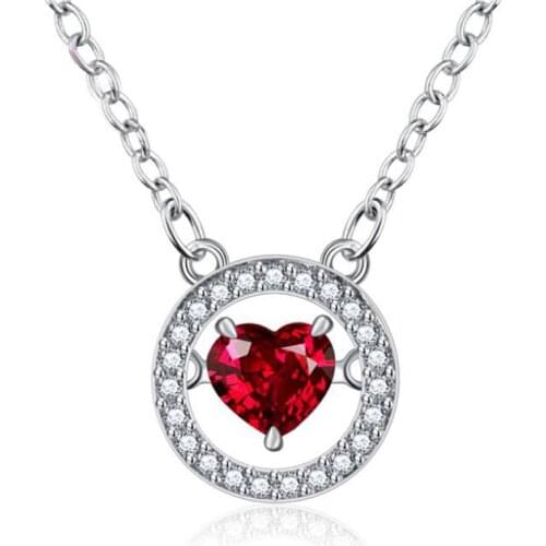 KOFSAC Fashion Sterling Silver 925 Necklace Dancing Red Love Heart Crystal Shiny CZ Round Pendant Necklaces For Women Jewelry