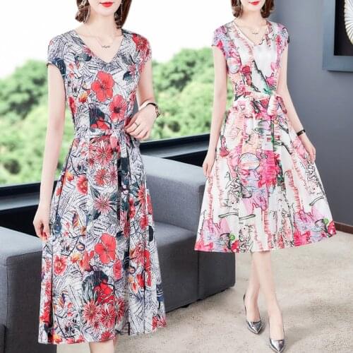 Printed Mulberry Silk 5XL Plus Size Beach Midi Dresses 2021 Summer Vintage Floral Sundress Female Elegant Bodycon Party Vestidos