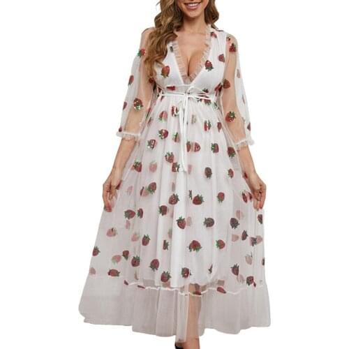 Sexy V-Neck Belt Strawberry Printed Dress for Women Formal Dress Ruffles Patchwork Lace Net Yarn Dress for Wedding Party Ladies