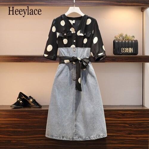 PLUS SIZE 2020 Summer Women Casual Dress V-neck Dot Patchwork Cowboy High Waist Fashion A-line Button Elegant Temperament Dress