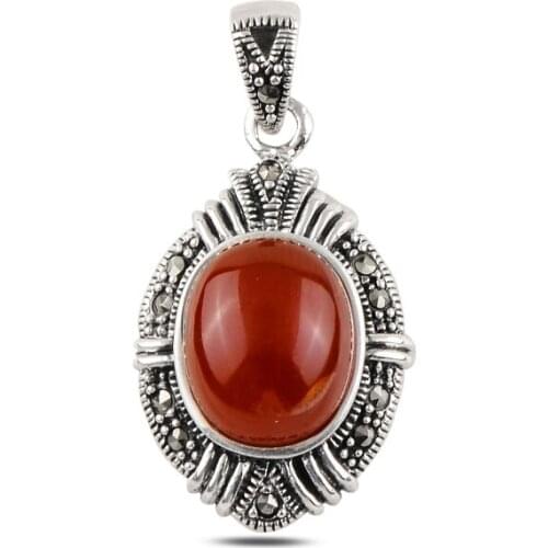 Silver 925 Sterling Red Agate & Marcasite Pendant
